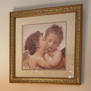 First Kiss by William Bouguereau Cherub/Butterfly Matted Art Print In Gold Frame